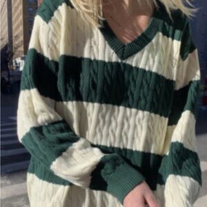 Brandy MELLVILLE Nikki cable knit Green and Cream Striped Sweater